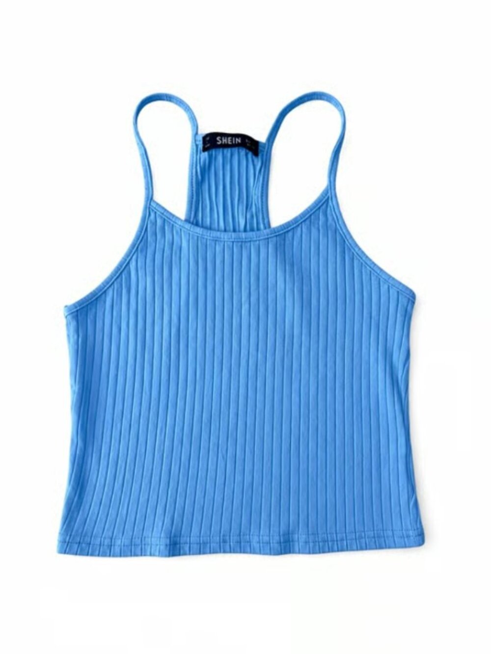 Women's Blue Ribbed Racerback Crop Tank Top, S - Picture 2 of 4